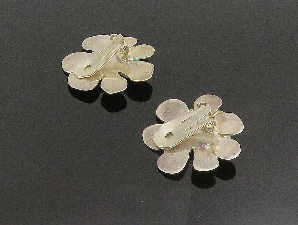 DESIGNER 925 Silver  Vintage Modernist Flower Non Pierced Earrings  EG11695