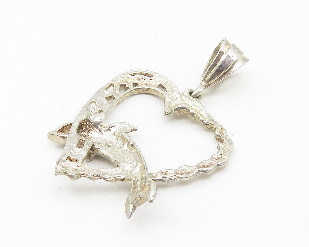 925 Sterling Silver  Vintage Leaping Dolphin Love Heart Twist Pendant  PT8787
