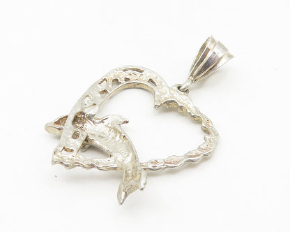 925 Sterling Silver  Vintage Leaping Dolphin Love Heart Twist Pendant  PT8787