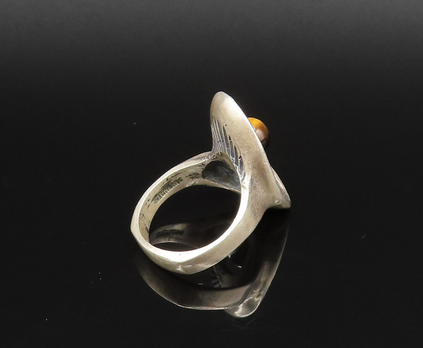 925 Silver  Vintage Textured Open Hole Round Tiger's Eye Ring Sz 5.5  RG25839