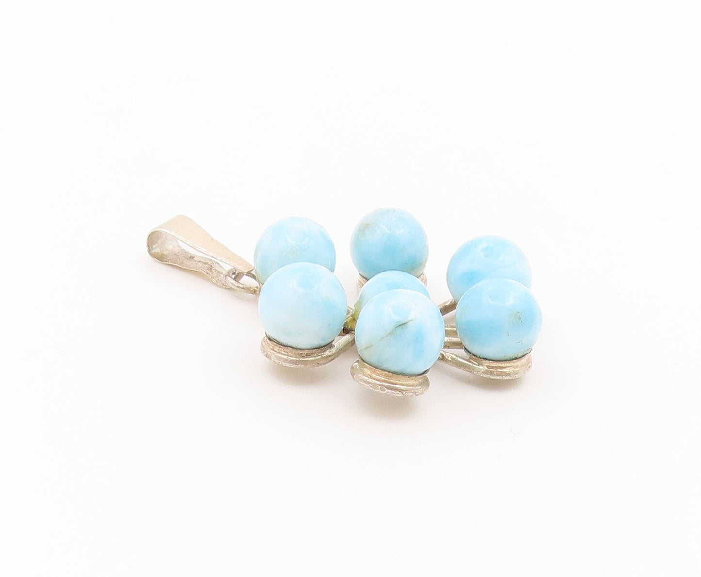 925 Sterling Silver Vintage Pendant Round Cabochon Larimar Floral Charm  PT26469