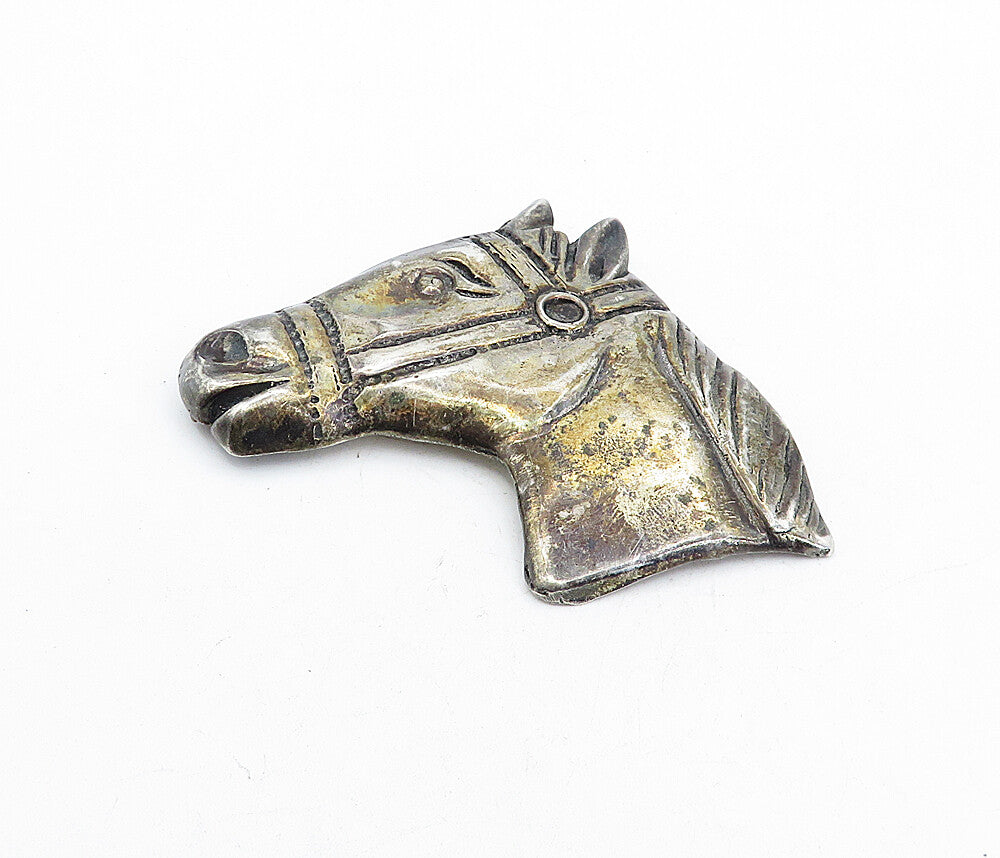 925 Sterling Silver  Vintage Dark Tone Etched Horse's Head Brooch Pin  BP1877