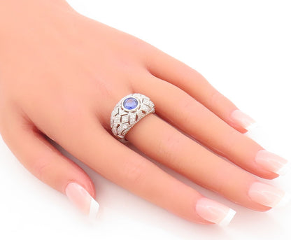 925 Sterling Silver Vintage Ring Round Sapphire Cutout CZ Inlay Sz 7.5  RG29237