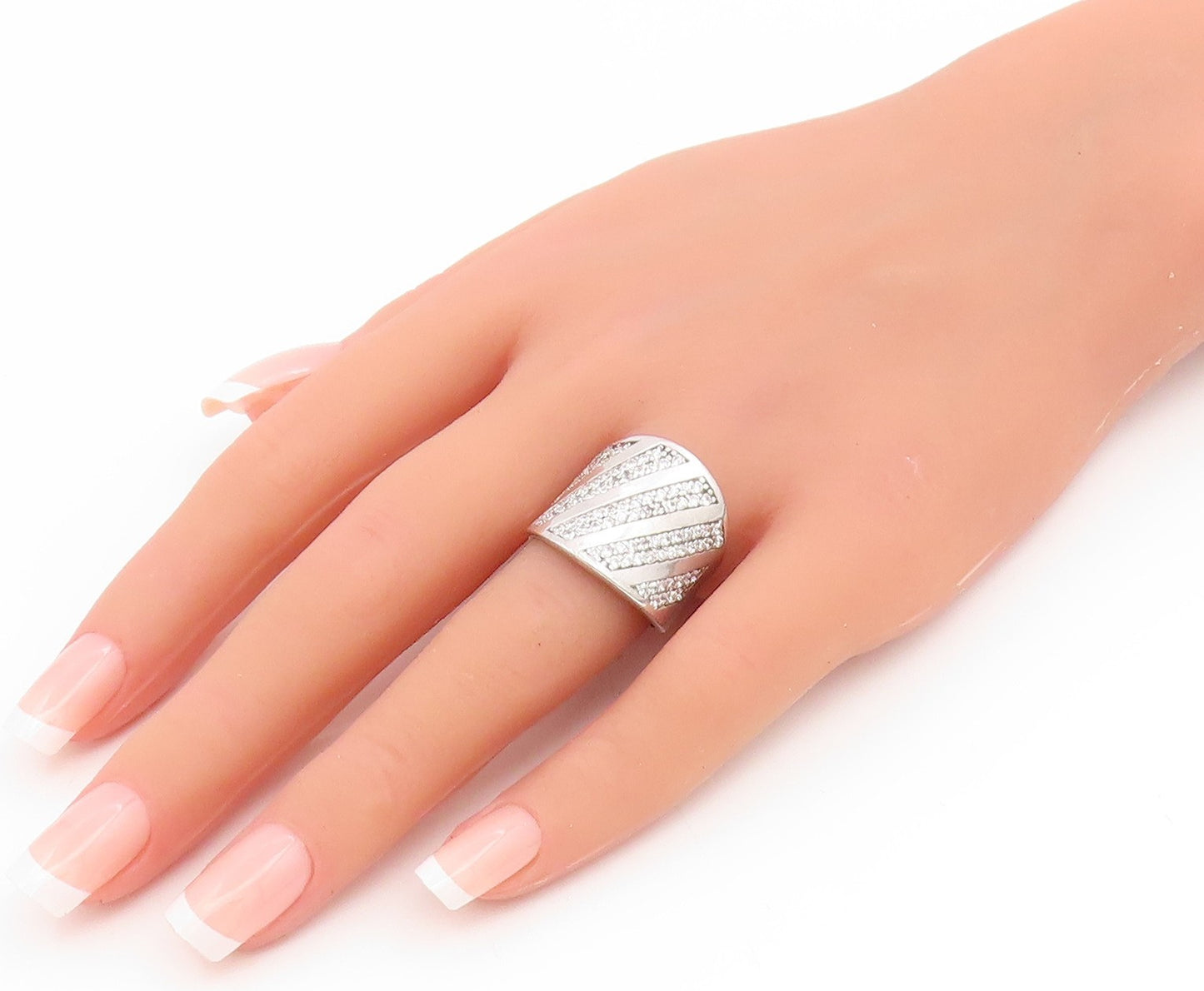 925 Sterling Silver Vintage Ring CZ Pave Diagonal Striped Wide Band Sz 8 RG35276