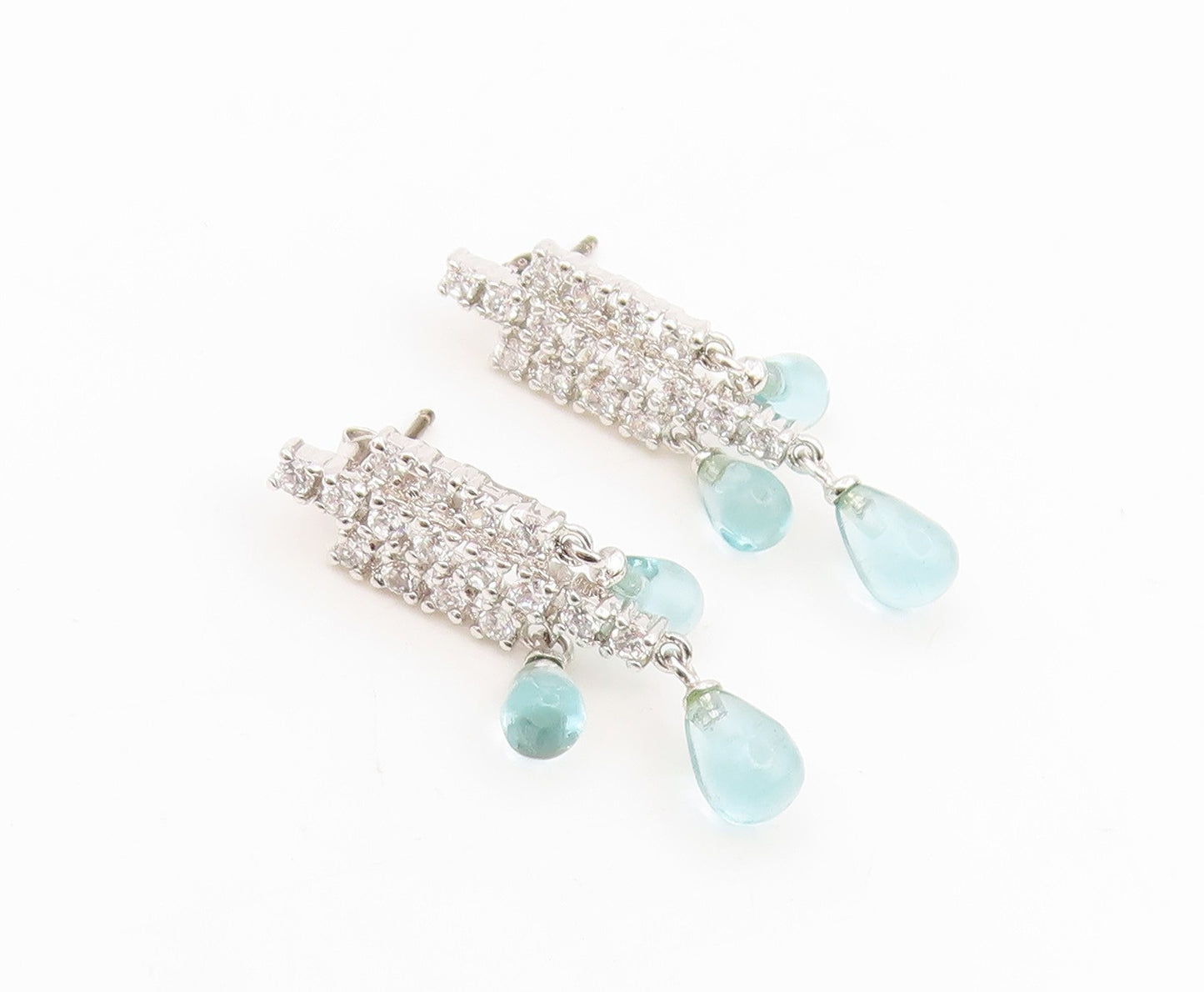 925 Sterling Silver Vintage Earrings Aquamarine & CZ Pave Classic Drop  EG14164