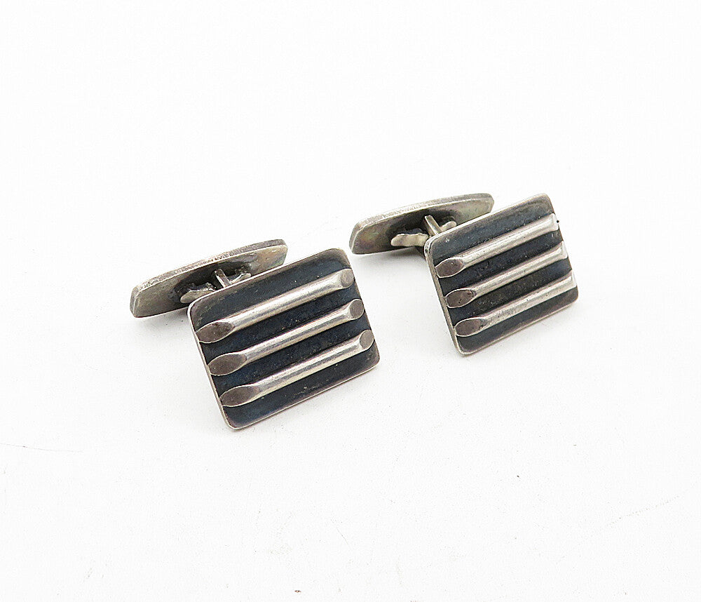 TH. F 925 Sterling Silver  Vintage Dark Tone Square Ribbed Cuff Links  TR1159