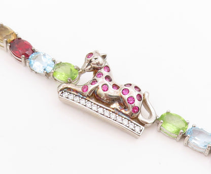 925 Sterling Silver Vintage Bracelet Multi Gemstone & CZ Wild Leopard  BT11550