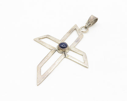 925 Sterling Silver  Vintage Blue Stone Open Religious Cross Pendant  PT10833