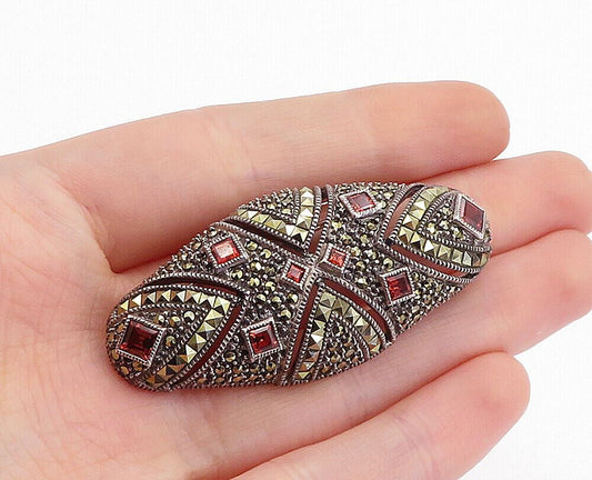 JUDITH JACK 925 Silver  Vintage Red Topaz & Marcasite Dome Brooch Pin  BP1854