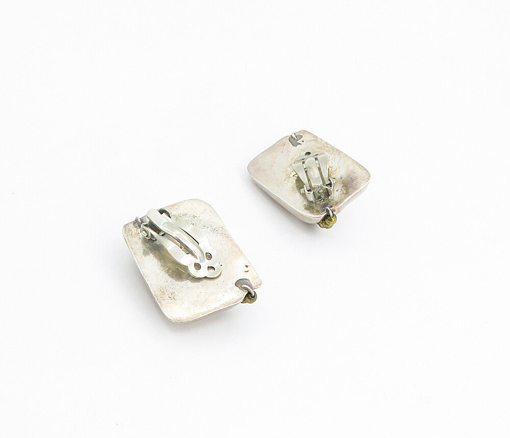 MEXICO 925 Silver  Vintage Two Tone Hollow Square Non Pierce Earrings  EG2932