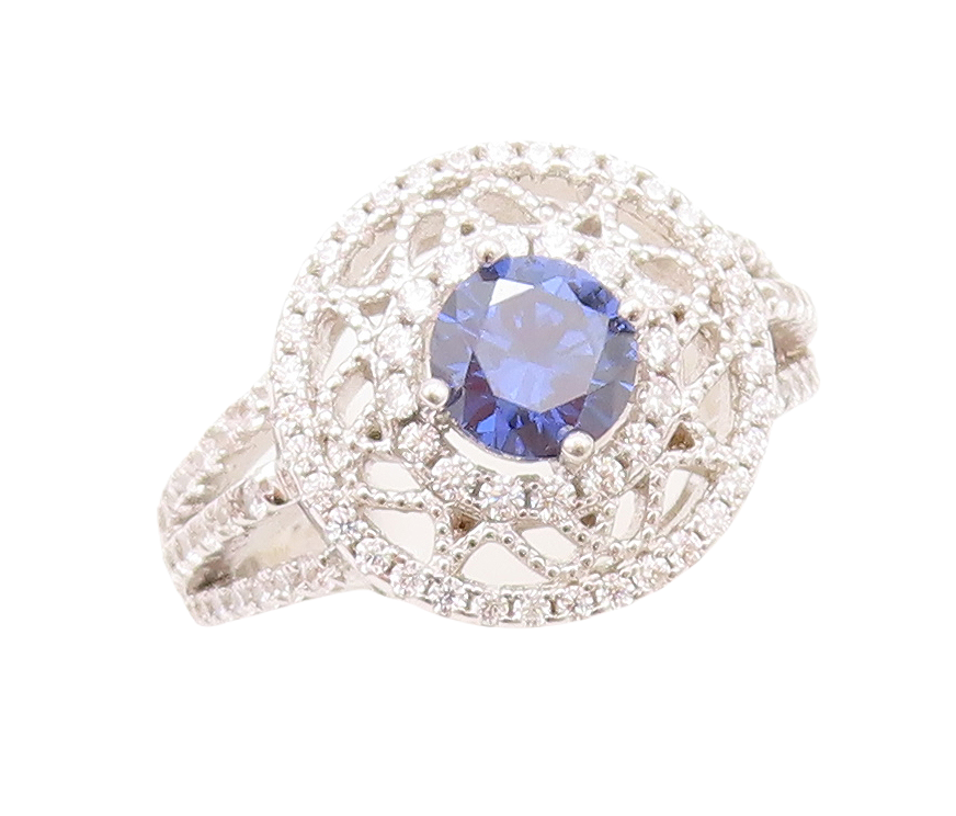 925 Sterling Silver Vintage Ring Floral Design Cutout 2 Tone CZ  Sz 7.5  RG30328
