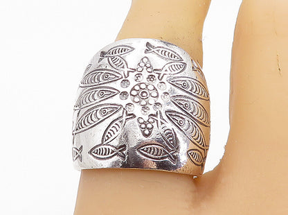 925 Sterling Silver  Shiny Etched Fish Pattern Wide Band Ring Sz 8.5  RG8085