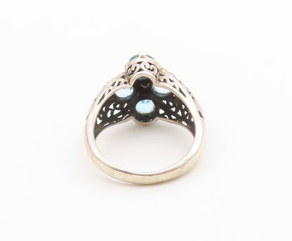 925 Sterling Silver Vintage Ring Sapphire & Aquamarine Floral Band Sz 7 RG36789