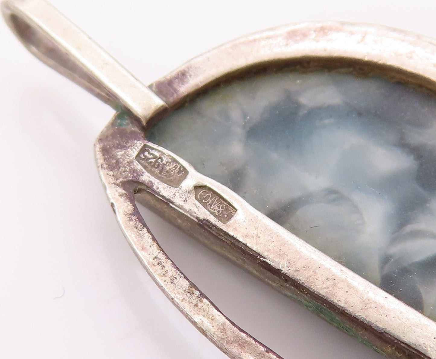 POLAND 925 Sterling Silver Vintage Mother Of Pearl Half Circle Pendant PT19632
