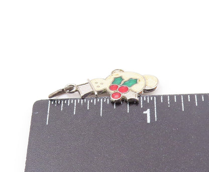 925 Sterling Silver  Vintage Enamel Snowman & XMas Holly Pendant  PT18678