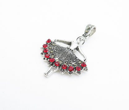 925 Sterling Silver  Red Coral & Marcasite Ballet Dancer Motif Pendant  PT5928