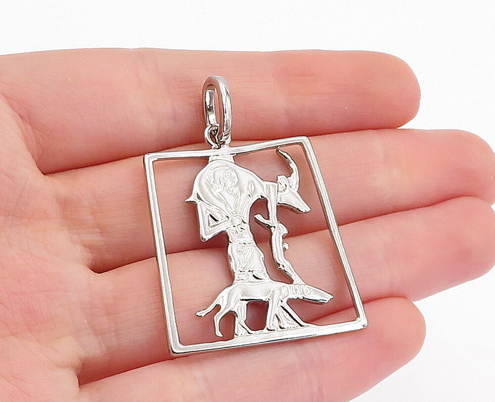 925 Sterling Silver  Vintage Shiny Man Holding Animal Square Pendant  PT3641