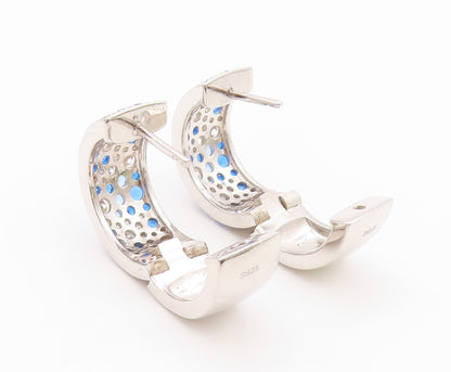 925 Sterling Silver Vintage Earrings Blue & White CZ Inlay Broad Hoops  EG13545