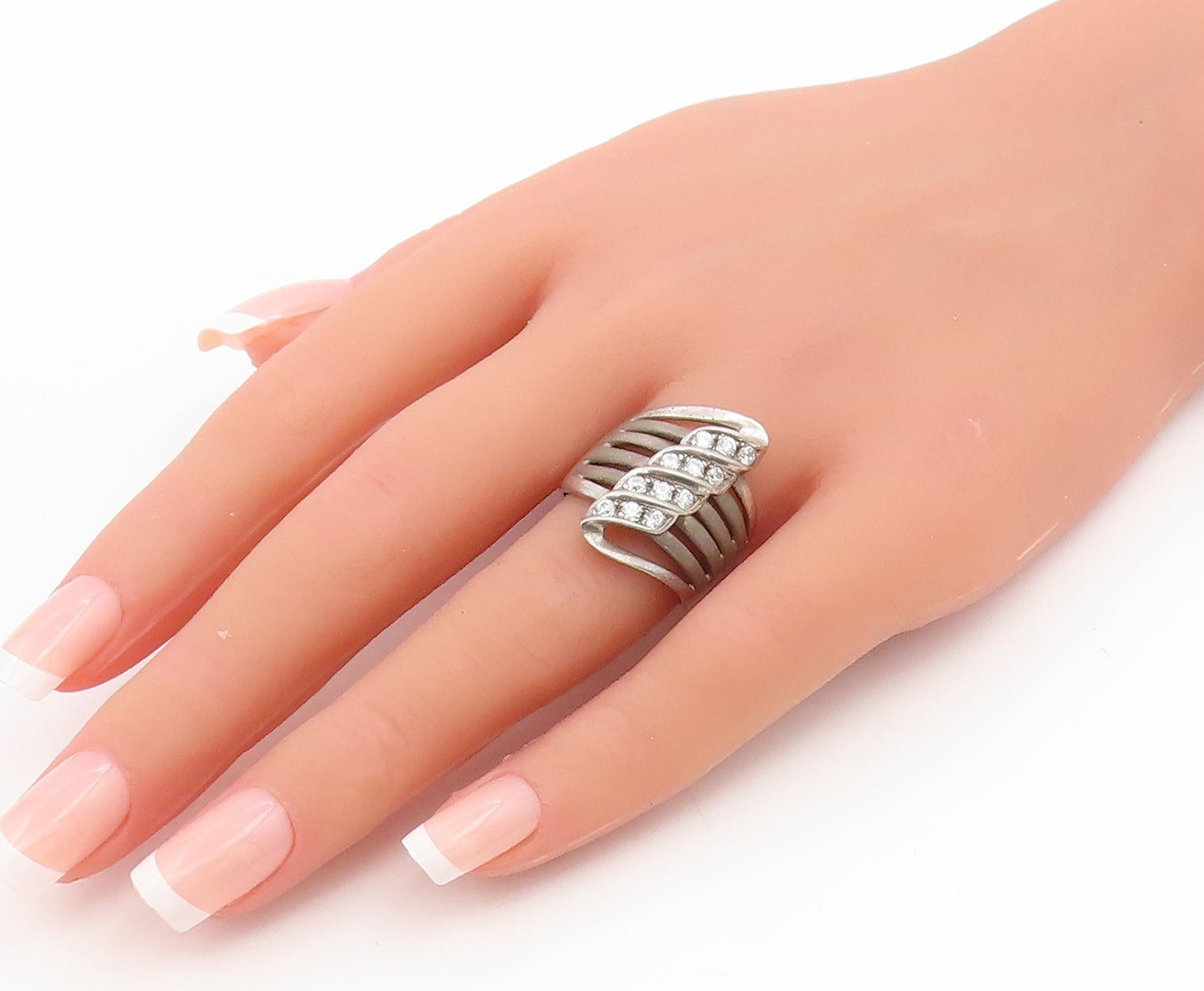 925 Sterling Silver Vintage Ring Multi Row CZ Wave Design Band  Sz 8  RG34934