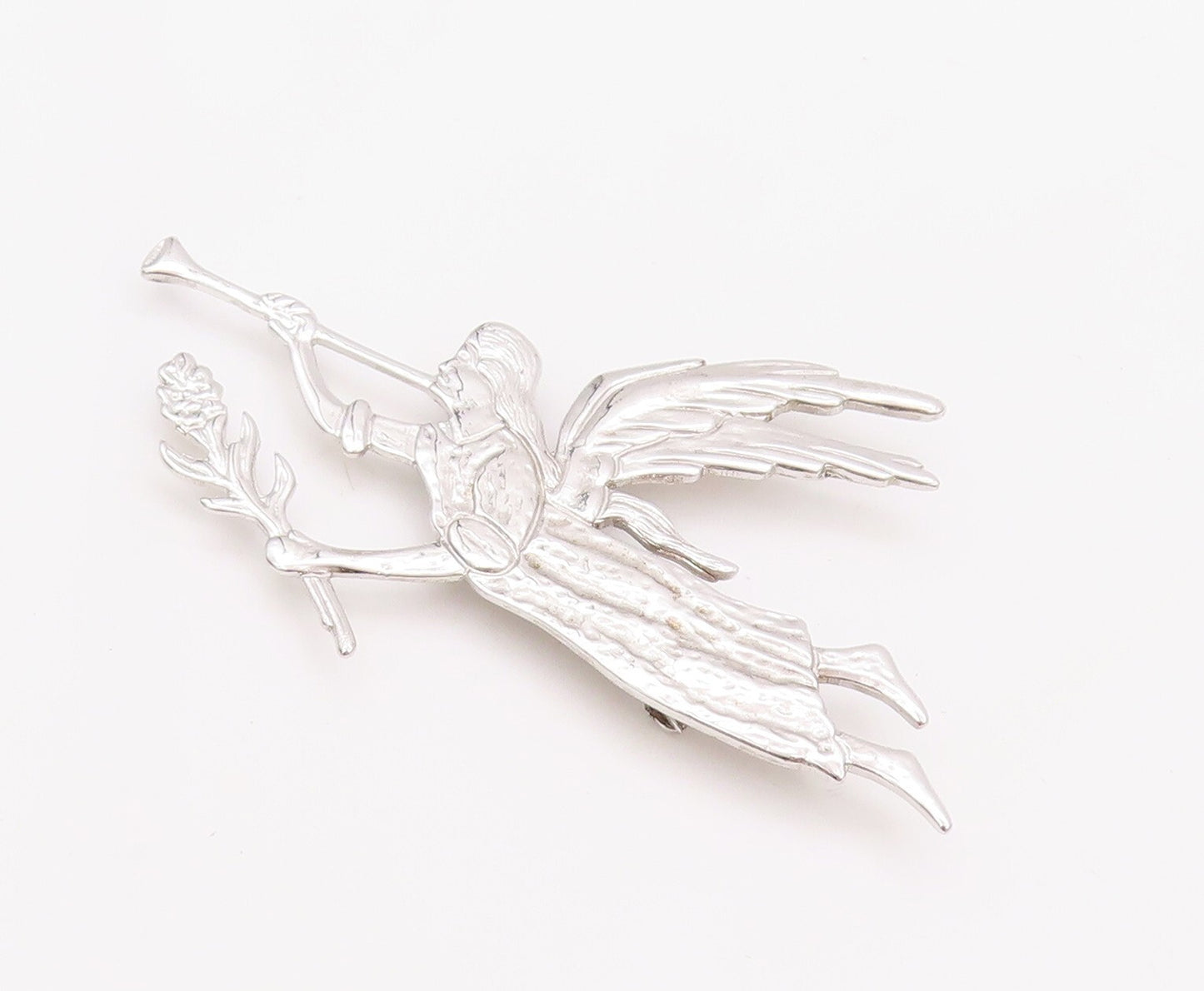 925 Sterling Silver Vintage Brooch Pin Carved Celebrating Flying Angel  BP11182