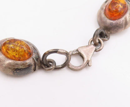 925 Sterling Silver Vintage Bracelet Cabochon Honey Amber Solid Link  BT11697