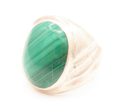 MEXICO 925 Silver  Vintage Scalloped Malachite Signet Ring Sz 10.75  RG26169