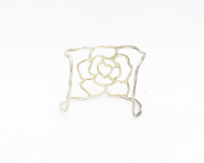 925 Sterling Silver  Vintage Shiny Flower Outline Cuff Bracelet  BT7569