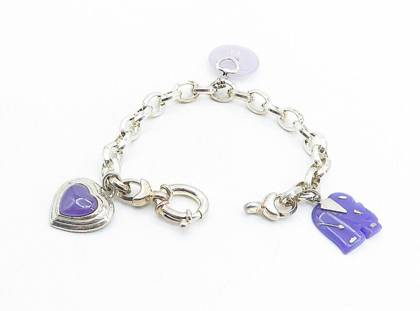 925 Sterling Silver Vintage Purple Jade Elephant Charm Chain Bracelet BT2341
