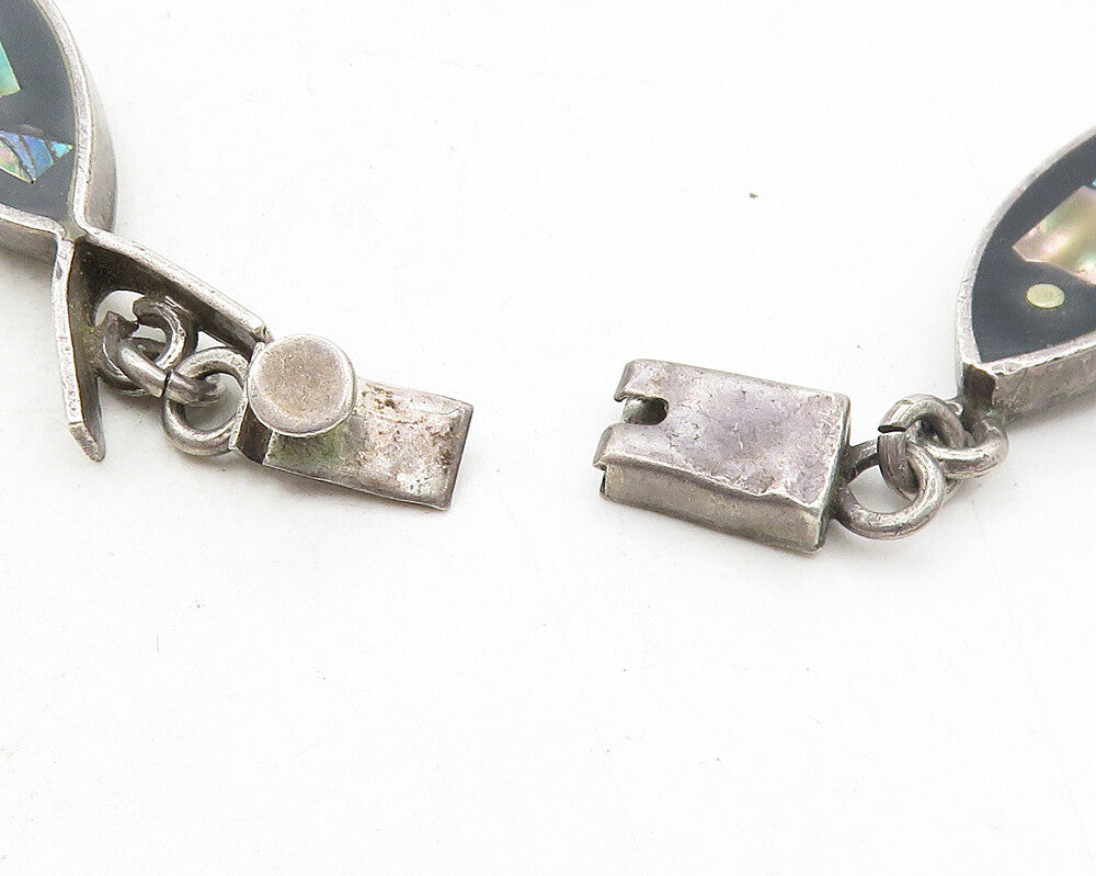 MEXICO 925 Sterling Silver Vintage Abalone Black Onyx Fish Chain Bracelet BT4494