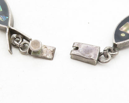 MEXICO 925 Sterling Silver Vintage Abalone Black Onyx Fish Chain Bracelet BT4494