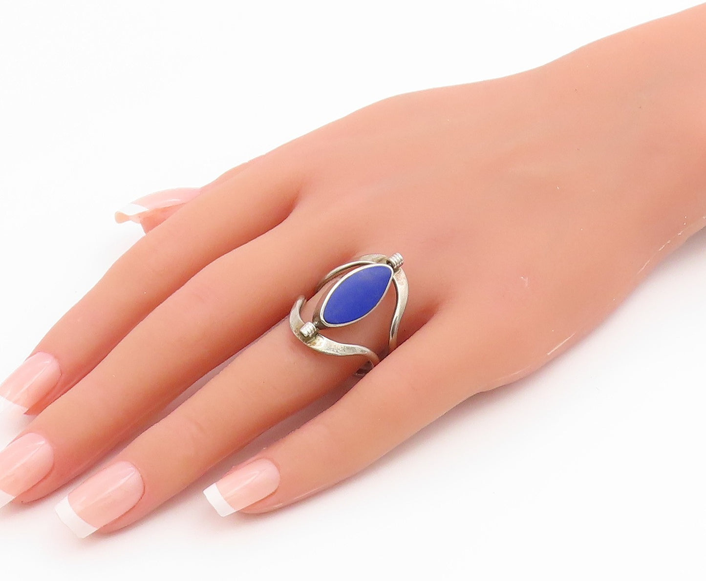 925 Sterling Silver Vintage Ring Marquise Lapis Lazuli & Opal  Sz 9.5  RG35482