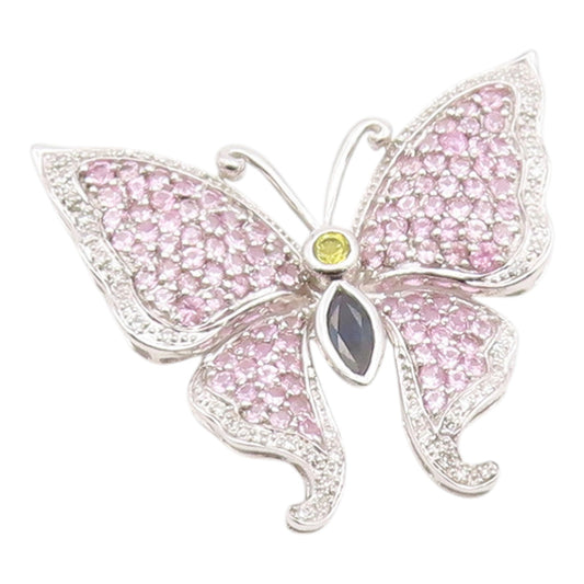925 Sterling Silver Vintage Pendant Real Diamonds & Gemstone Butterfly  PT26338