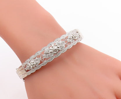 925 Sterling Silver Vintage Bracelet Real Diamonds Floral Rose Bangle  BT11998