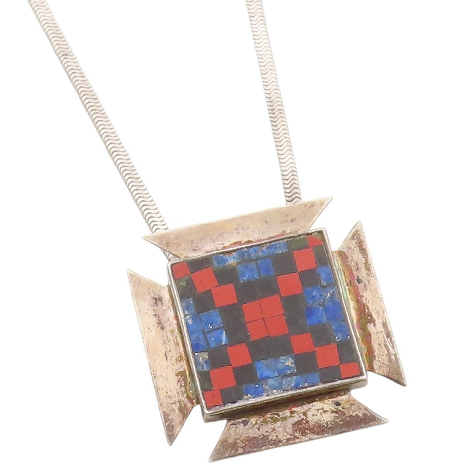 925 Sterling Silver Vintage Necklace Lapis Lazuli Inlay Checker Board   NE4669