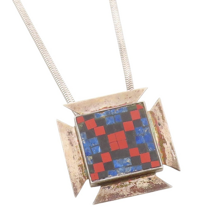 925 Sterling Silver Vintage Necklace Lapis Lazuli Inlay Checker Board   NE4669