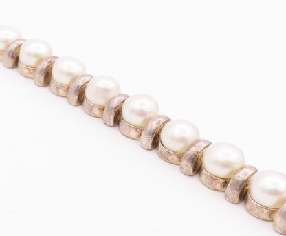 925 Sterling Silver Vintage Bracelet Disk & Pearl Band  BT11348
