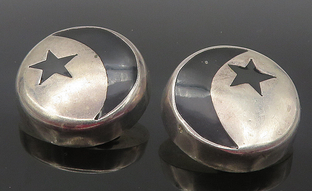 MEXICO 925 Sterling Silver Vintage Black Onyx Moon & Stars Earrings EG5940