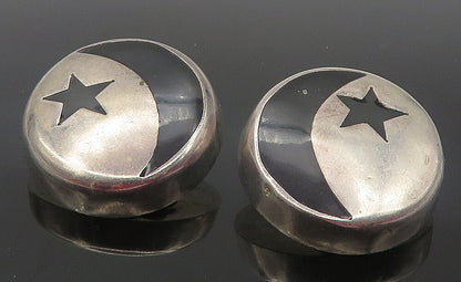 MEXICO 925 Sterling Silver Vintage Black Onyx Moon & Stars Earrings EG5940