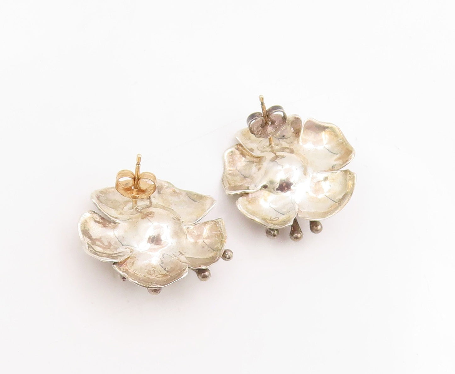 14k Gold & 925 Sterling Silver Vintage Earrings Modernist Floral Studs  EG13811
