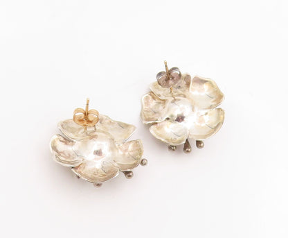 14k Gold & 925 Sterling Silver Vintage Earrings Modernist Floral Studs  EG13811