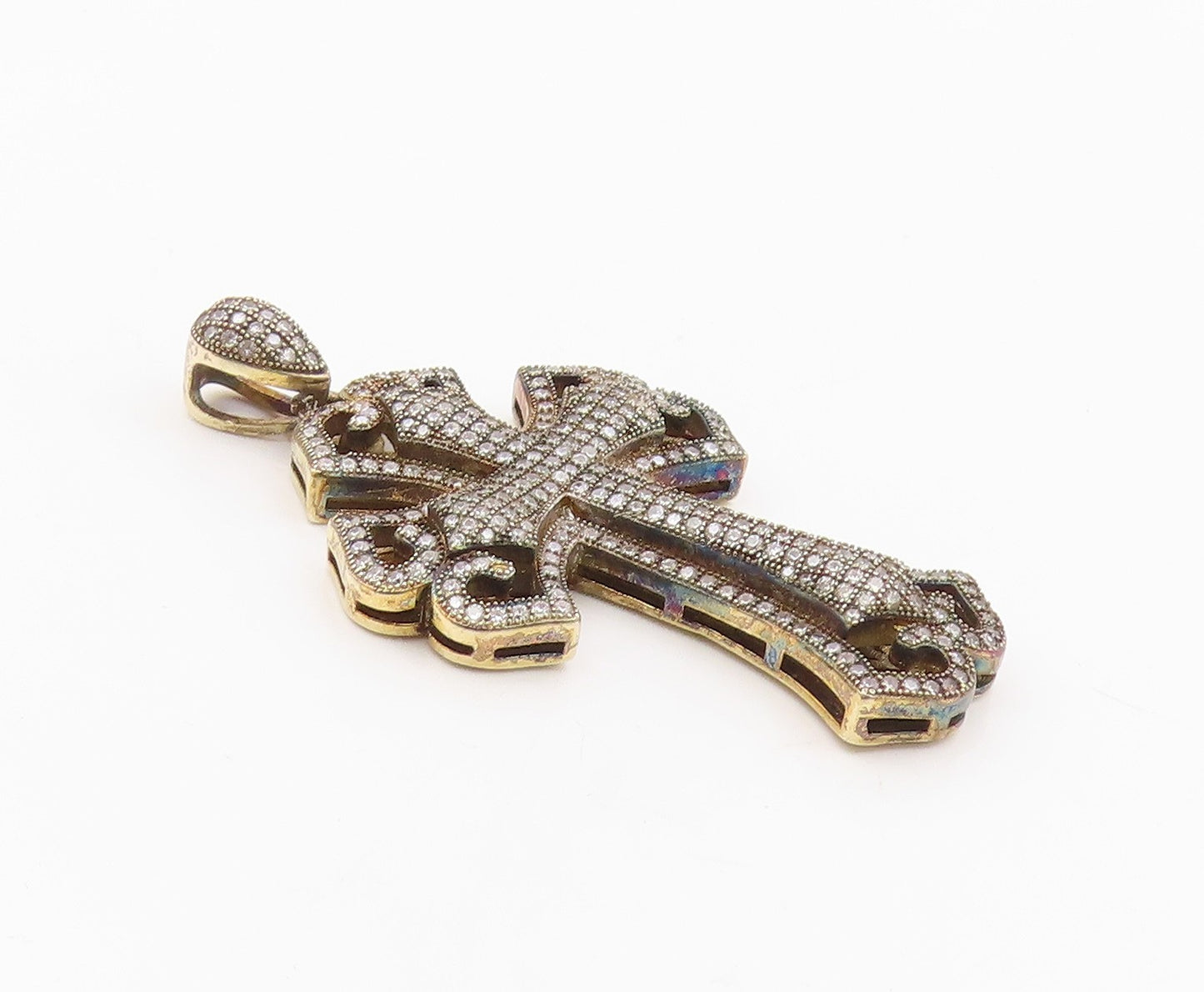925 Sterling Silver  Vintage Cubic Zirconia Religious Cross Pendant  PT18477