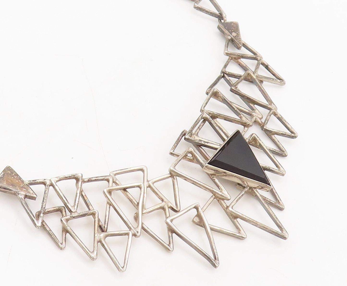 MEXICO 925 Sterling Silver  Vintage Brutalist Triangular Onyx Necklace  NE4196