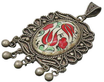 925 Sterling Silver  Vintage Enamel Floral Art Dangling Twist Pendant  PT18404