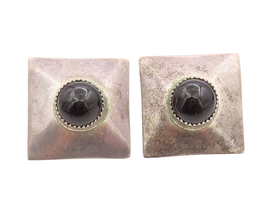 925 Sterling Silver Vintage Earrings Round Onyx Geometric Design Studs  EG13706