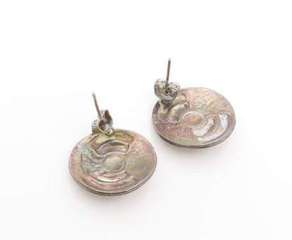 925 Sterling Silver Vintage Earrings Antique Etched Turquoise Disk  EG13593