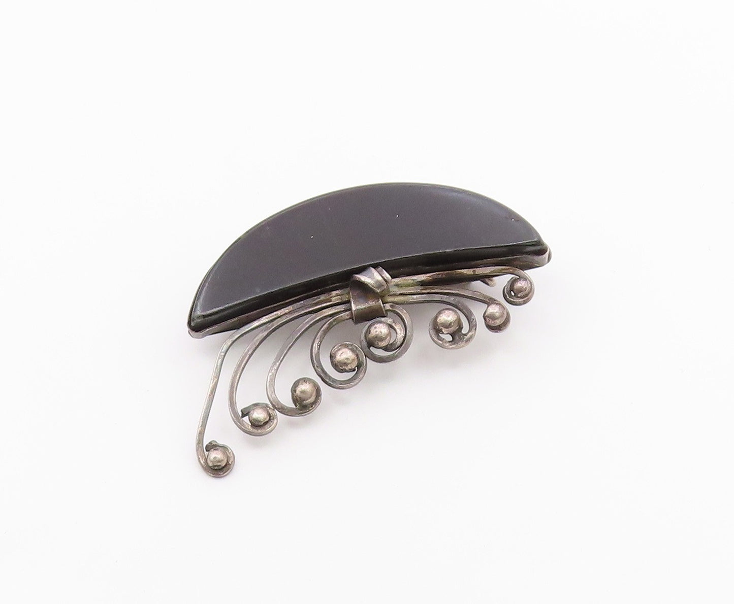 925 Sterling Silver  Vintage Black Onyx Dark Tone Swirl Brooch Pin  BP7952