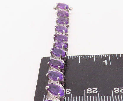 925 Sterling Silver Vintage Bracelet Swirly Carved Oval Cut Amethyst  BT10871