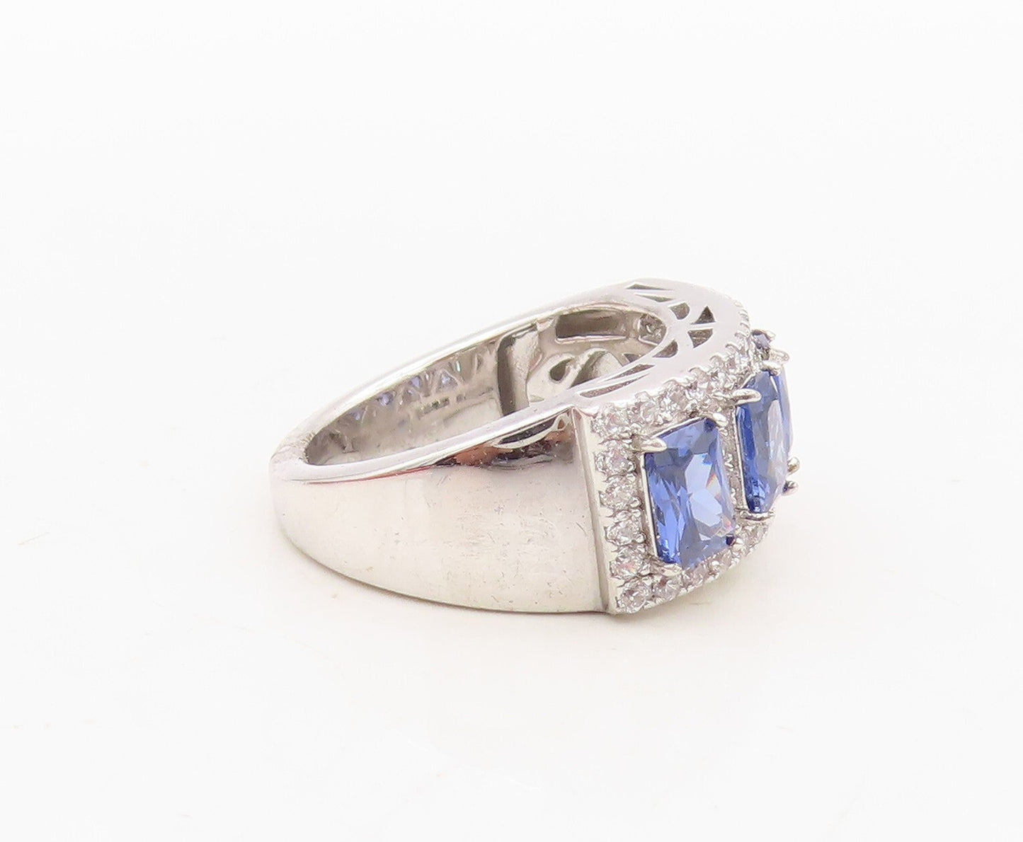 925 Sterling Silver Vintage Ring Rectangle Sapphire & CZ Inlay  Sz 7  RG30345