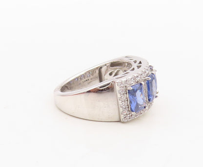 925 Sterling Silver Vintage Ring Rectangle Sapphire & CZ Inlay  Sz 7  RG30345