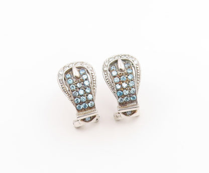925 Sterling Silver Vintage Earrings Blue Topaz & CZ Belt Buckle Design  EG14345